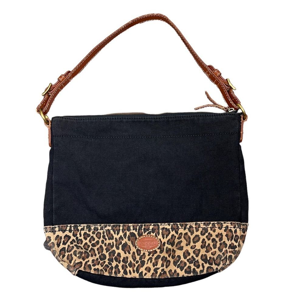 Fossil Black Leopard Canvas Bag Purse Shoulder Bag